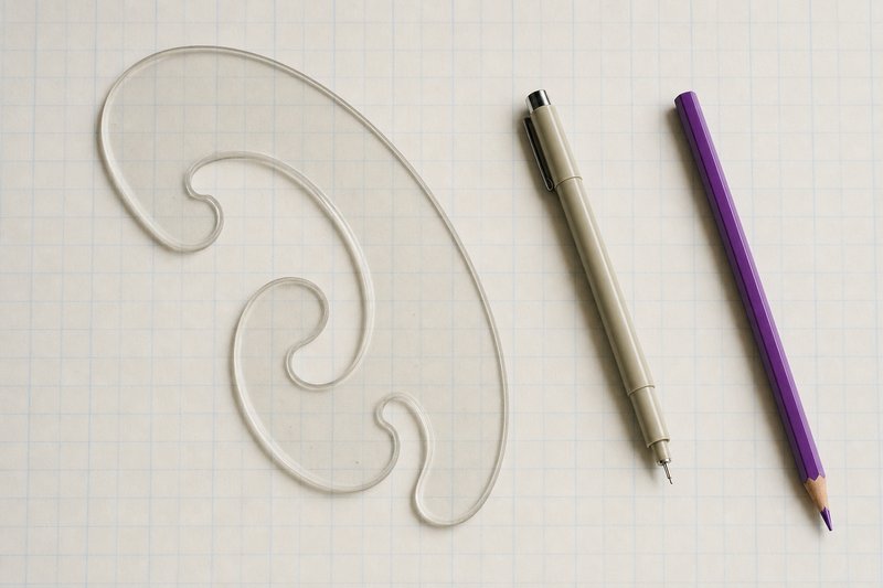 A clear French curve template and a fine technical drafting pen on pale grid paper, with a violet pencil.