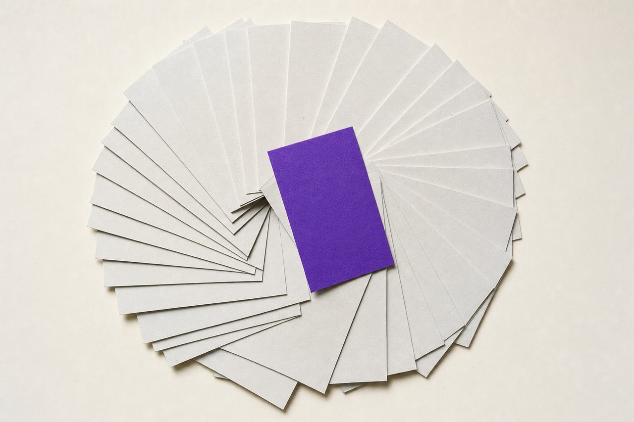 Around forty small blank paper swatch cards spread in a wide overlapping fan, one violet.
