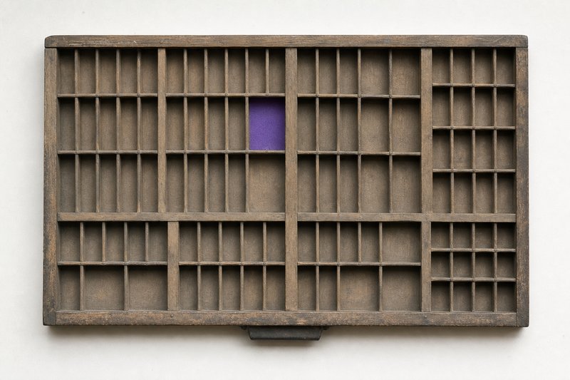 A wooden printer’s type case tray photographed from above, its compartments empty, one lined with violet paper.