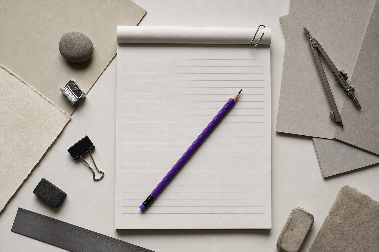A ruled notepad lying open with blank lines, a violet pencil placed diagonally across it and a paper clip at the corner.