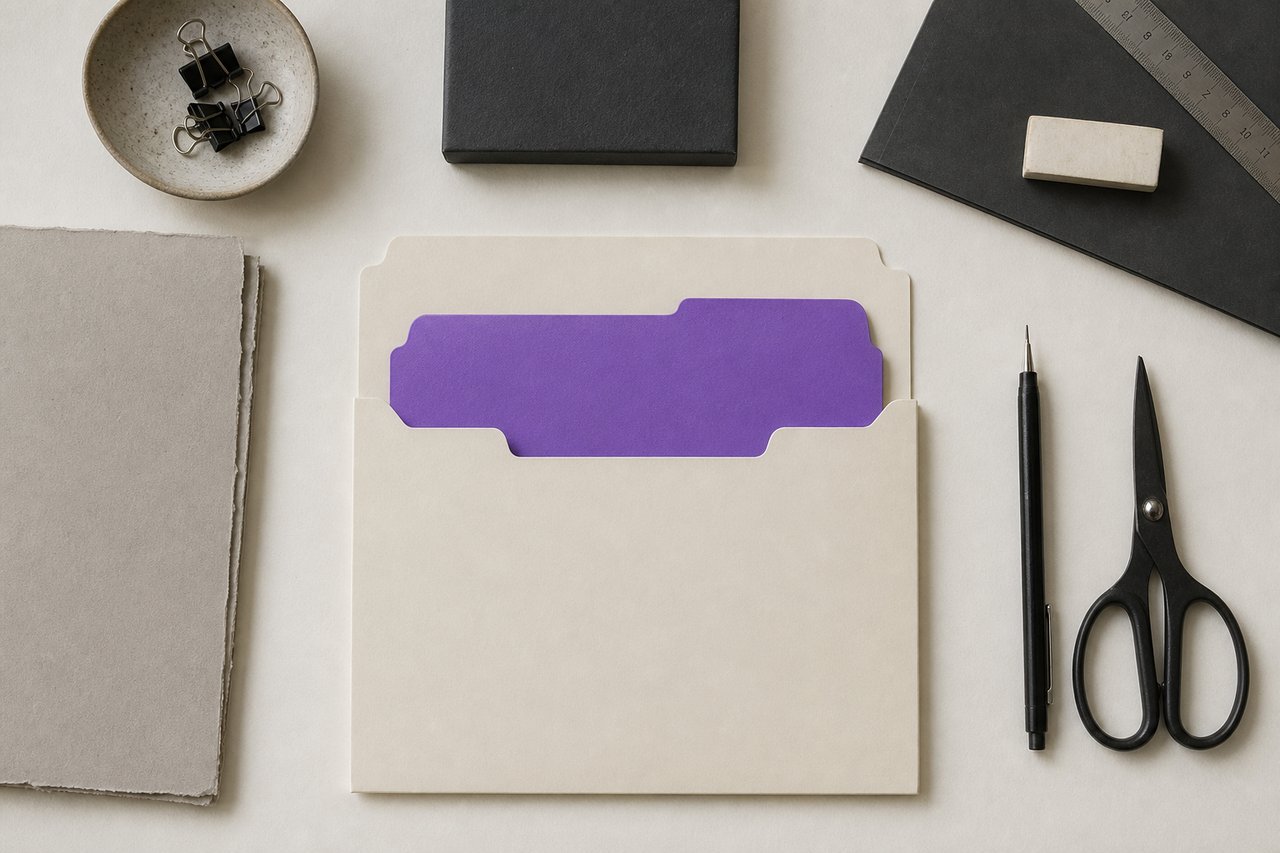 Two nested paper folders, a smaller one sitting inside a larger one, both blank, the inner folder violet.