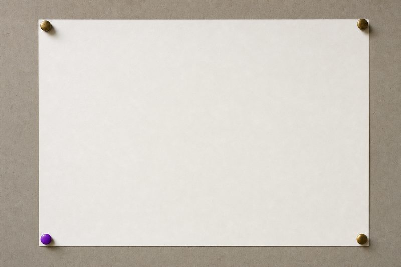 A single blank sheet of paper pinned flat to a drawing board at all four corners with brass pins, one pin violet.