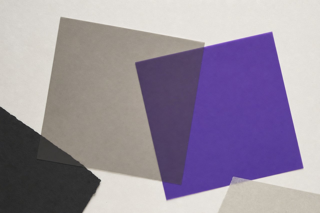 Overlapping squares of translucent colour filter film on a flat lightbox, warm grey and deep violet crossing where they overlap.