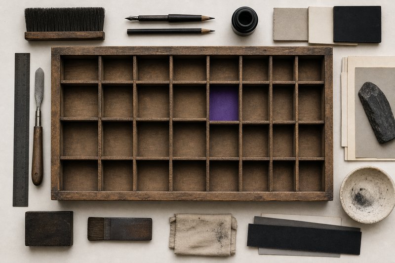 A wooden pigeonhole letter rack with empty compartments seen straight on, one compartment lined with violet paper.