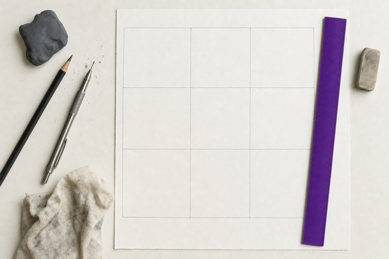 A large sheet of paper ruled by hand in pencil into a grid of nine empty squares, a violet ruler along one edge.