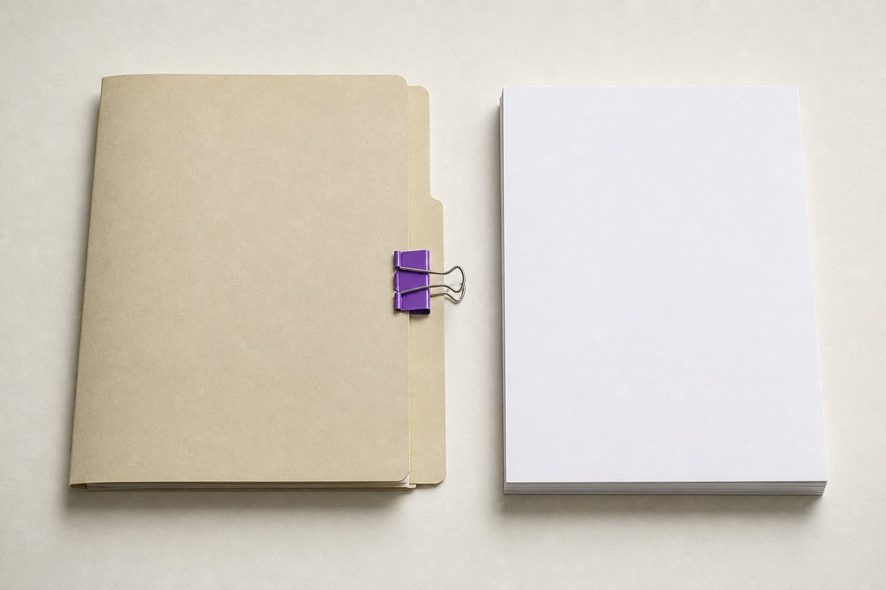 A closed manila document folder with a violet bulldog clip on its edge, beside a squared stack of blank sheets.