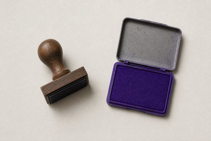 A wooden-handled rubber stamp standing beside an open violet ink pad on plain paper.