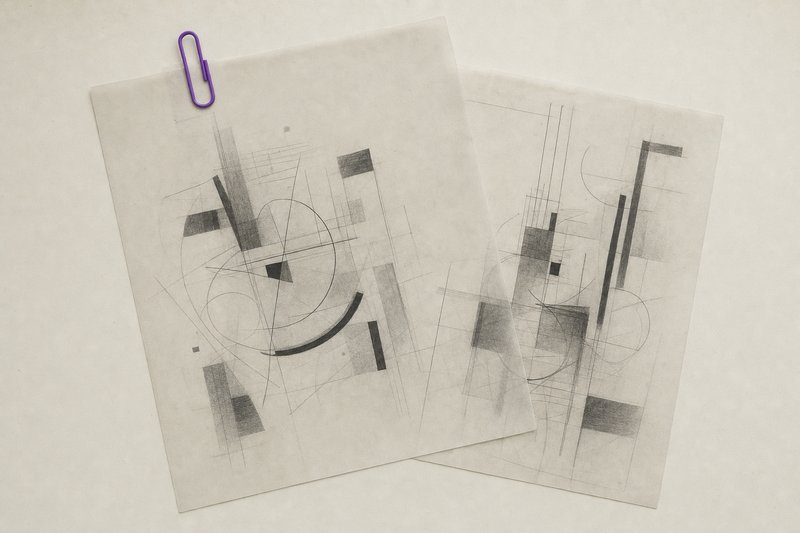 Two sheets of tracing paper overlapping at an angle on a lightbox, held by a violet paper clip.