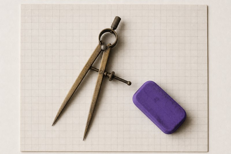 Brass proportional dividers resting open on pale graph paper beside a violet eraser.