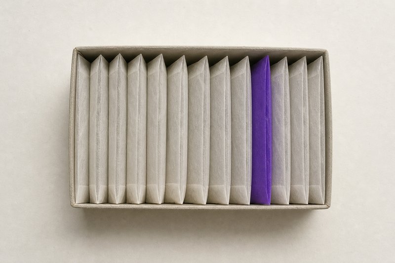 A shallow archive box holding a dozen small glassine envelopes standing upright in a row, one violet.
