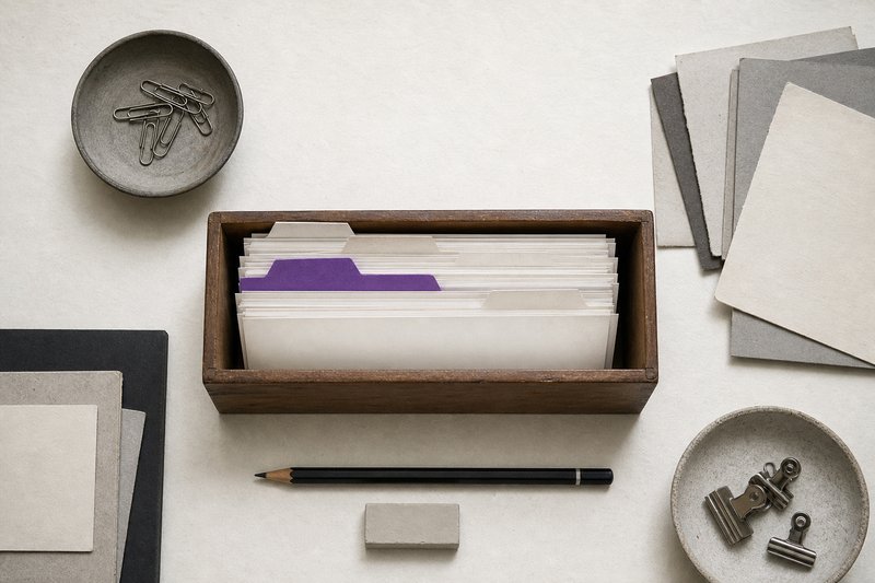 A long wooden index-card box seen from above, full of blank cards and taller divider tabs, one violet.