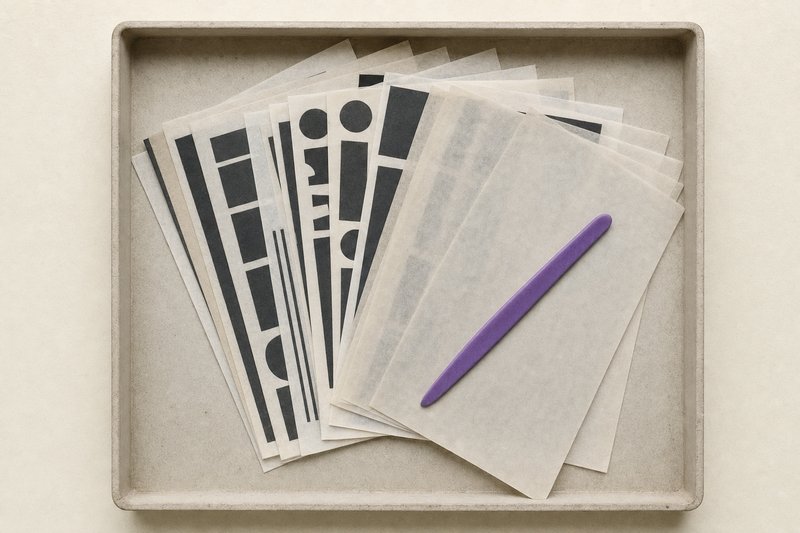 Sheets of dry transfer lettering film fanned out in a shallow tray with glassine interleaving tissues, a violet burnishing stick lying across them.