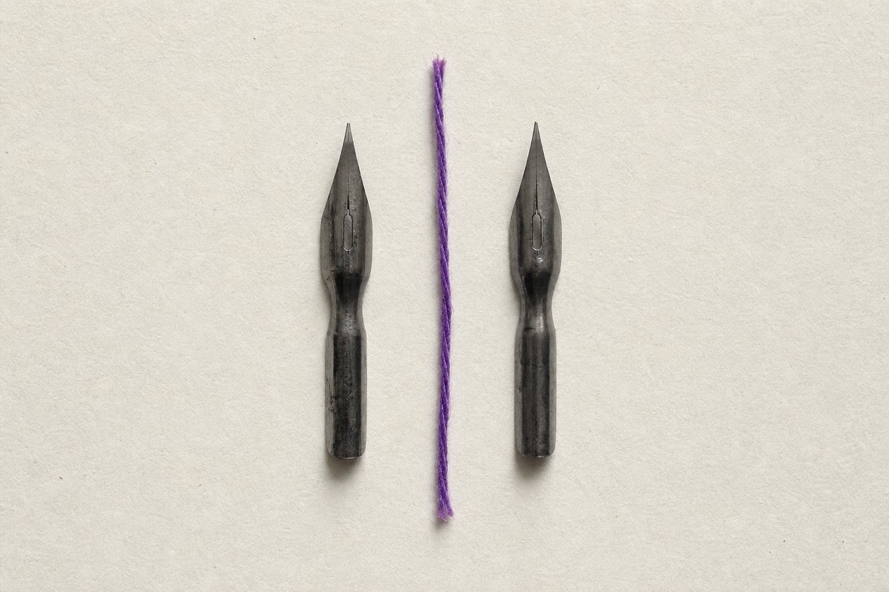 Two identical steel drawing nibs placed side by side pointing the same way on a blank sheet, a violet thread between them.