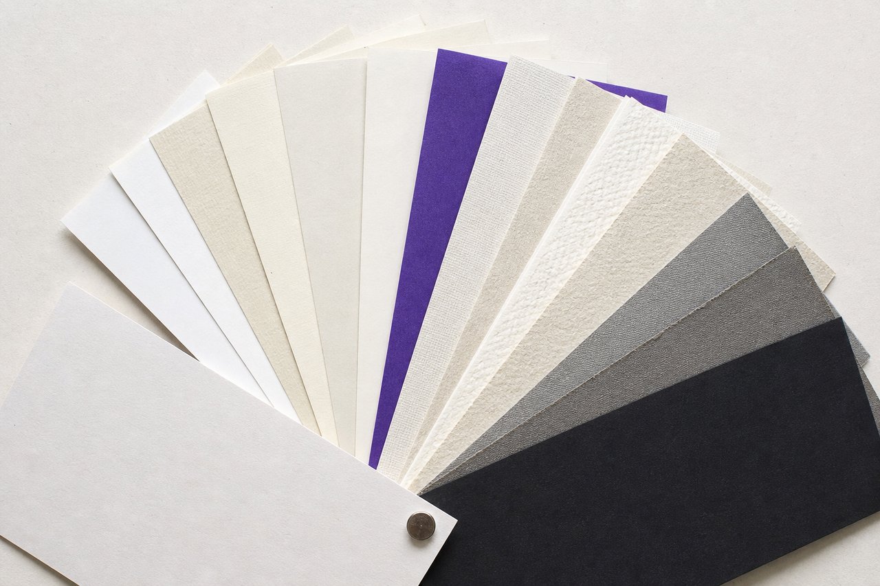 A fan of paper stock samples in different weights and surface finishes splayed in a quarter circle, one violet.