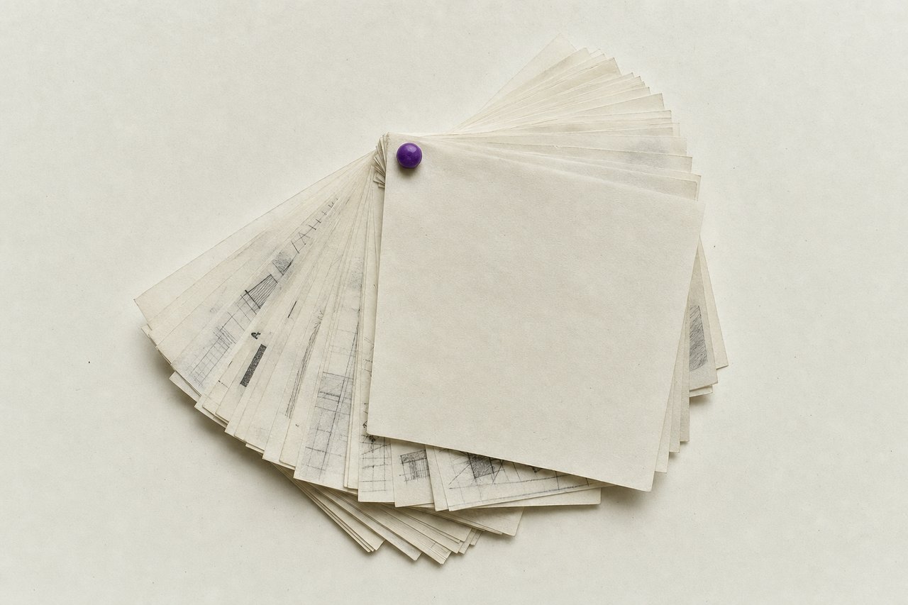 A thick sheaf of small tracing-paper thumbnail sheets pinned at one corner and splayed like a fan, the top sheet blank.