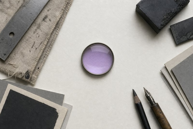 A round reducing glass with a slim metal rim lying flat on a blank sheet, catching a soft violet reflection.