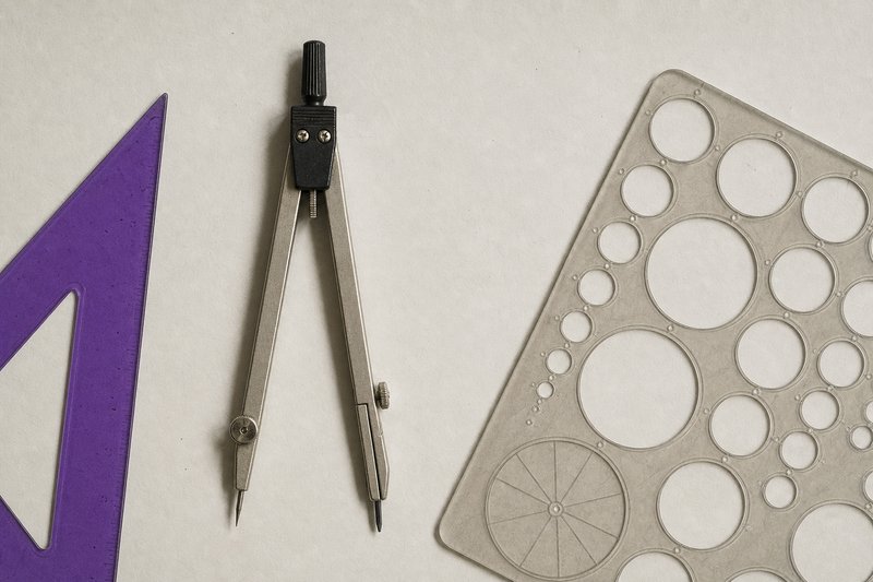 A precision drawing compass and a clear circle template lying on a drafting board, a violet triangle at the edge.