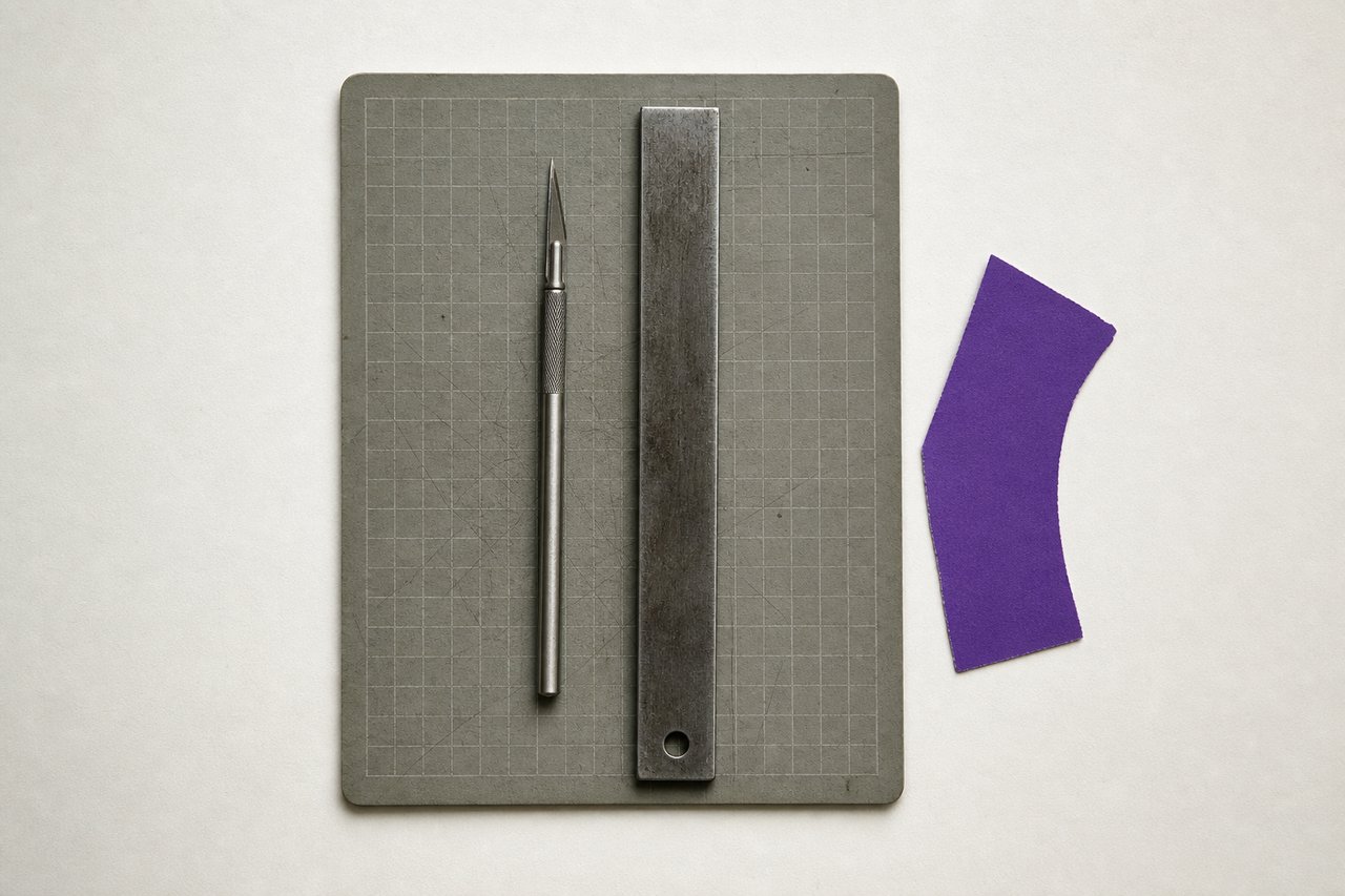 A slim scalpel and a heavy steel rule lying parallel on a self-healing cutting mat, a violet offcut beside them.
