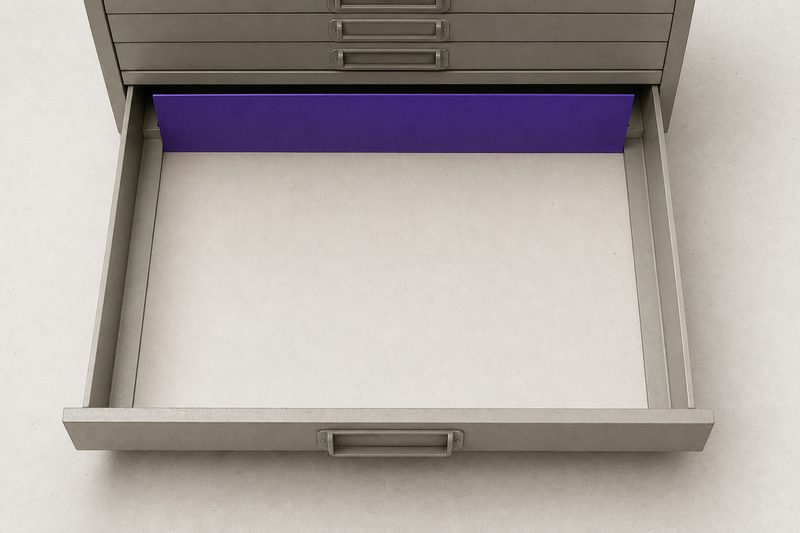 An empty flat-file drawer pulled open and bare except for a single violet paper divider standing at the back.