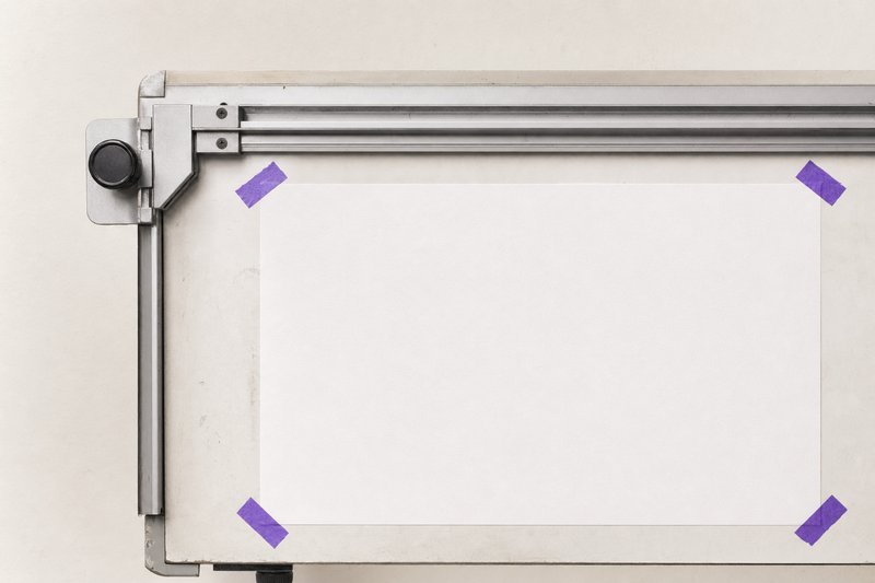 The corner of a drafting table with a parallel rule stretched across it, blank paper taped down with violet tape.