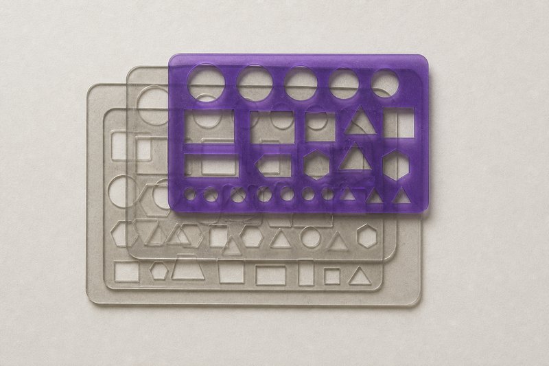 A set of nested clear drawing templates with cut-out geometric apertures, stacked slightly offset, a violet one on top.