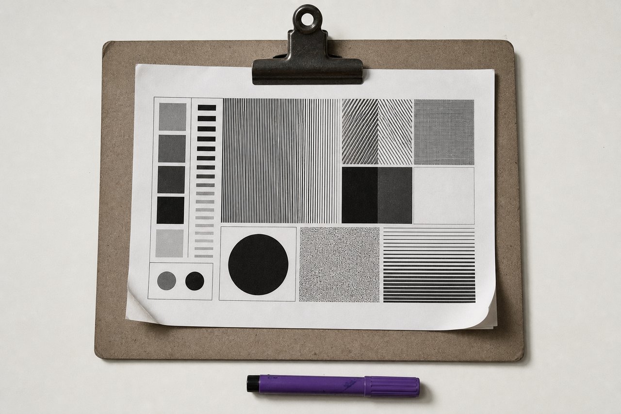 A printed proof sheet clipped to a plain drawing board with a bulldog clip, corners curling, a violet marker at its foot.