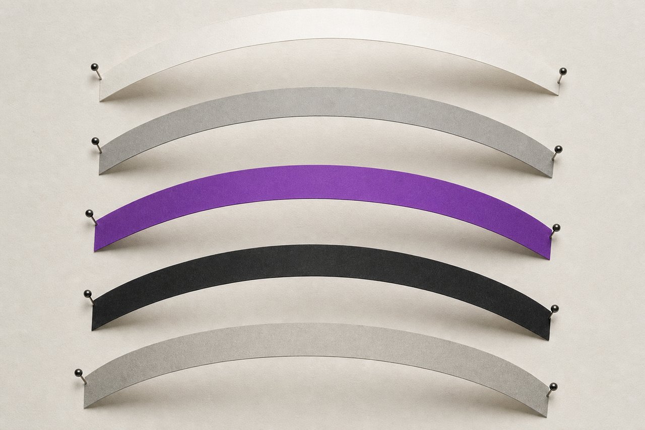 Long curved strips of paper bent into smooth arcs and held at their ends with map pins, one strip violet.