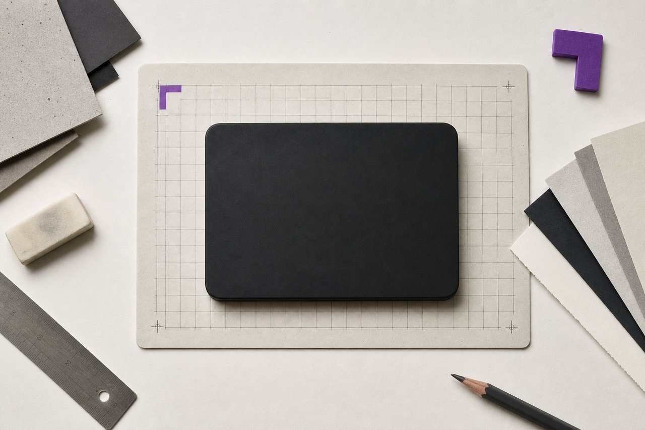 A plain matte black rectangular slab prop with softly rounded corners lying on a grid mat marked with corner registration crosses.