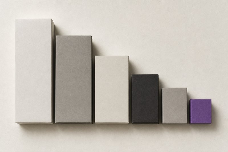A shelf of plain unlabelled boxes in graduated sizes standing in a neat row, the smallest violet.