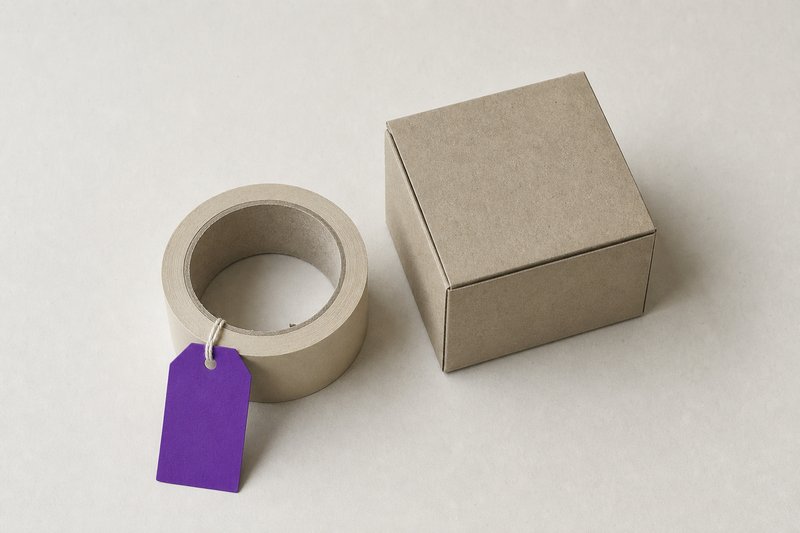 A roll of plain paper packing tape beside a small unlabelled kraft carton, a violet tag looped around the roll.